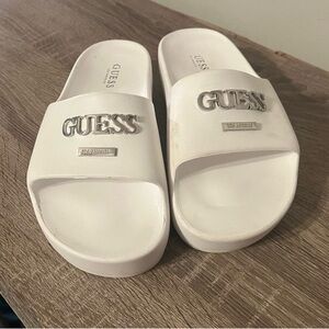 GUESS White Logo Slide Sandals
